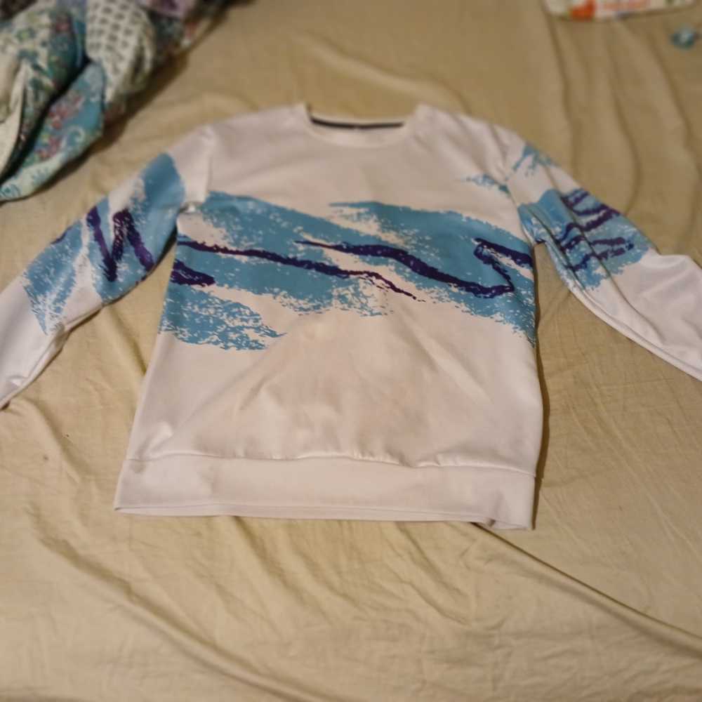 Dixie Cup Shirt. White Sweatshirt with Blue and Purple Abstract Design